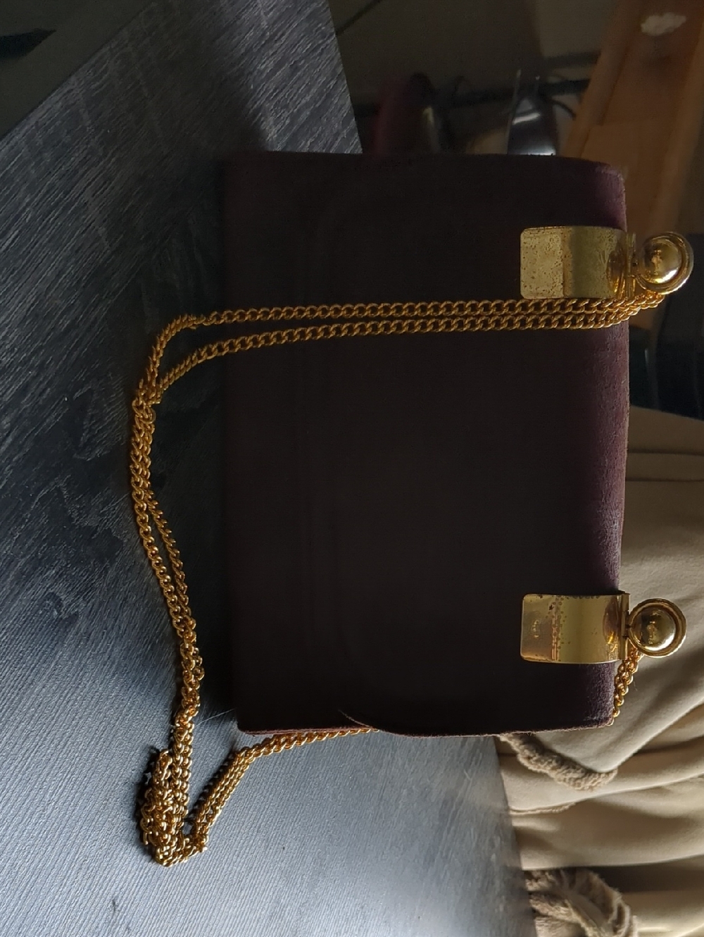 Plush Burgundy Evening Clutch with Gold Chain